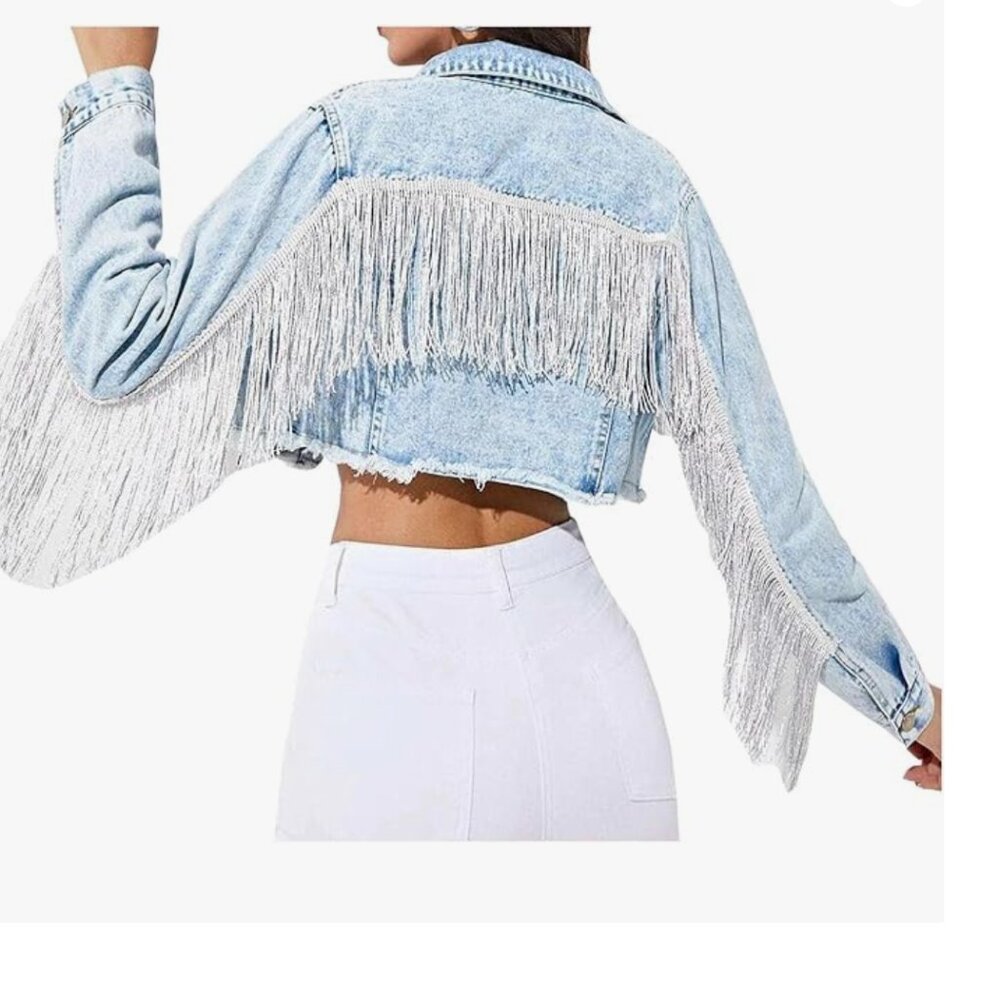 Boho Button Front Crop Raw Hem Denim Jacket